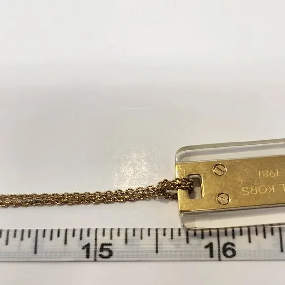 Michael Kors Gold Tone Acetate Logo Dog Tag Pendant Necklace Long Chain Designer - Picture 6 of 6